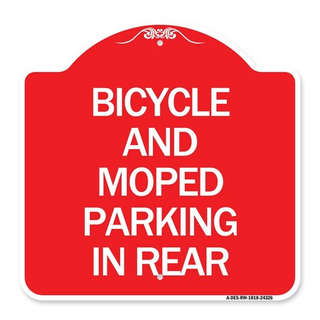 Signmission Bicycle and Moped Parking in Rear, Red & White Aluminum Architectural Sign, 18" x 18", RW-1818-24326 A-DES-RW-1818-24326